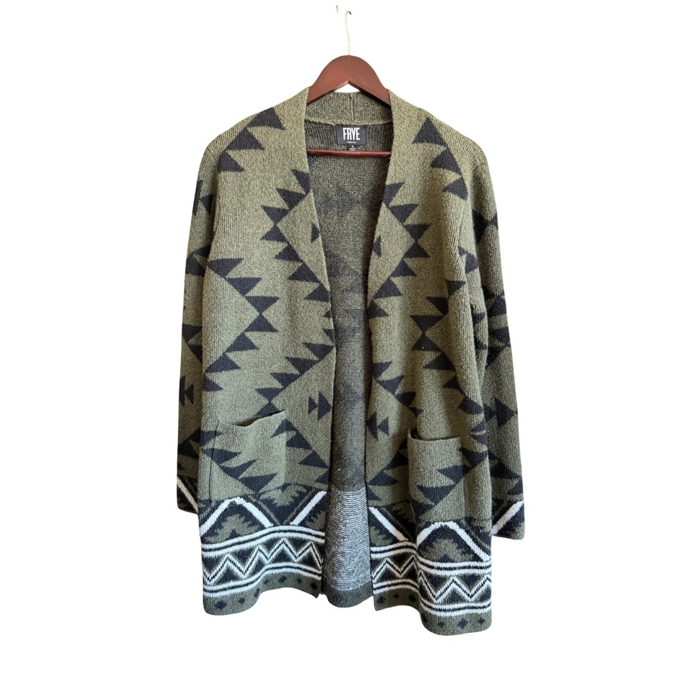 Frye Southwestern Aztec Knit Open Front Cardigan Olive Green Black Size‎ M